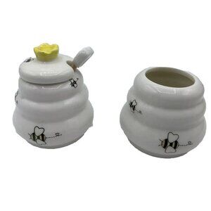 Bumble Bee Honey Pot Jars 2 Ceramic Mini Servers 1 Lid & 1 Stirrer Kitsch Retro